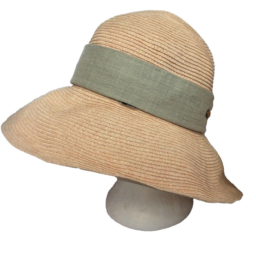 SIGGI Sun HatWide Floppy Brim Pink With Grey Bow Band 22 1/2" around head Beach